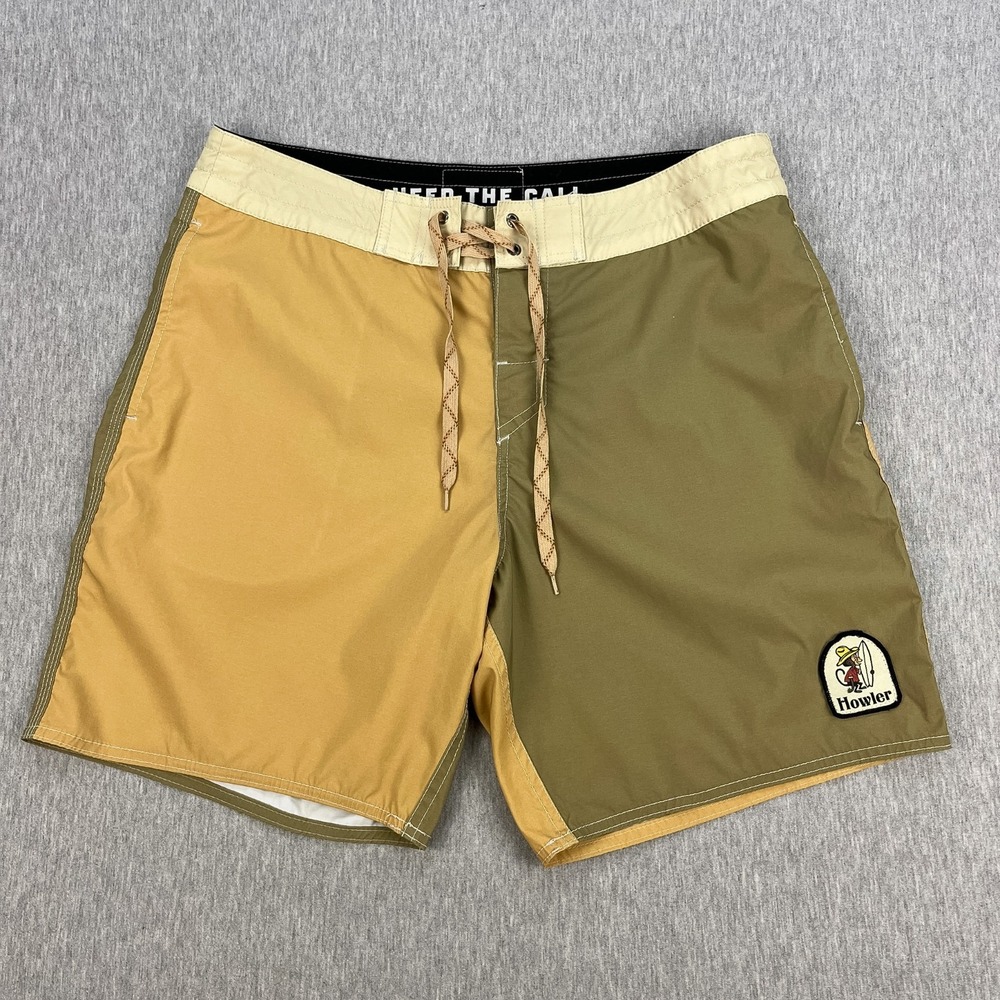 Howler Brothers Buchannon Boardshorts Mens 35 Olive/Mustard Colorblock 9" Ins.
